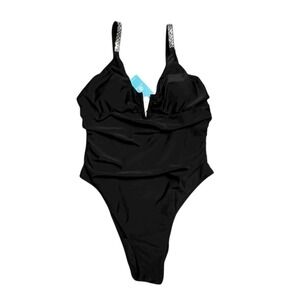Cupshe Black One Piece Swimsuit XL Rhinestone Strap V Neckline New Bathing Suit
